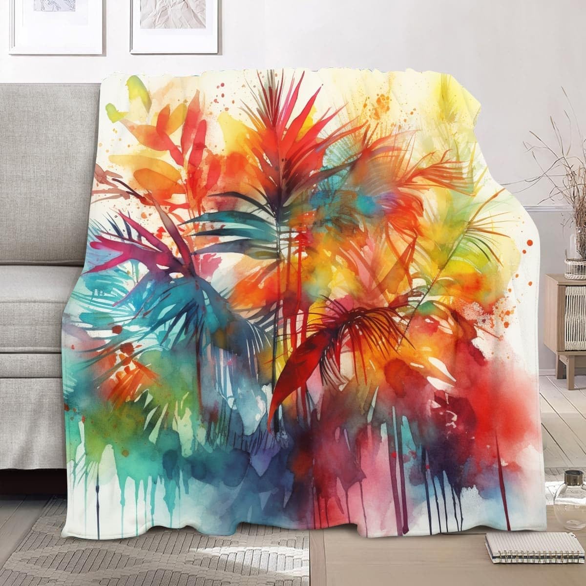 Koc do wtulania się 180 x 200 cm, XXL, akwarelowy, abstrakcyjny, botaniczny, super miękki i zimowy, ciepły koc polarowy na sofę, kanapę, łóżko, kolorowy, przytulny, przyjemny koc do mieszkania, koc na