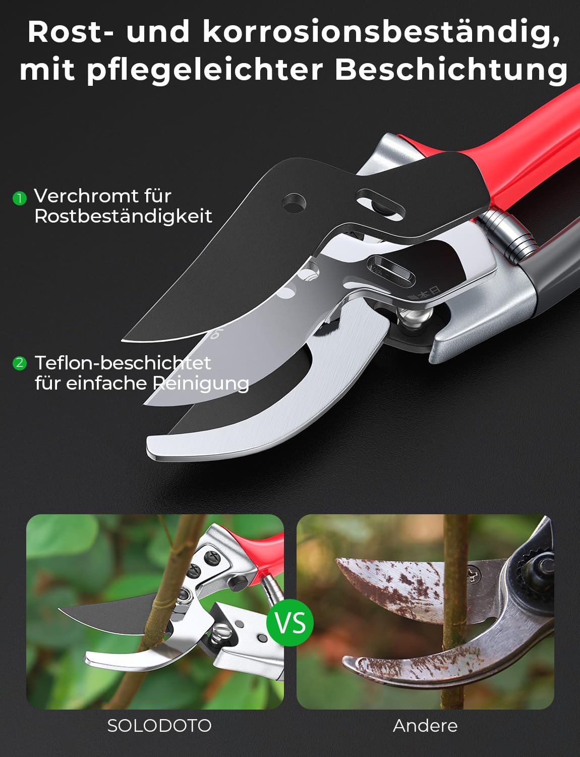 Profi Gartenschere – 6× schärfer, Japanischer SK5-Kohlenstoffstahl, Bypass-Schneide, 25 mm Schnittdurchmesser, für trockenes, frisches Holz, Profi Rosenschere, Pflanzenschere