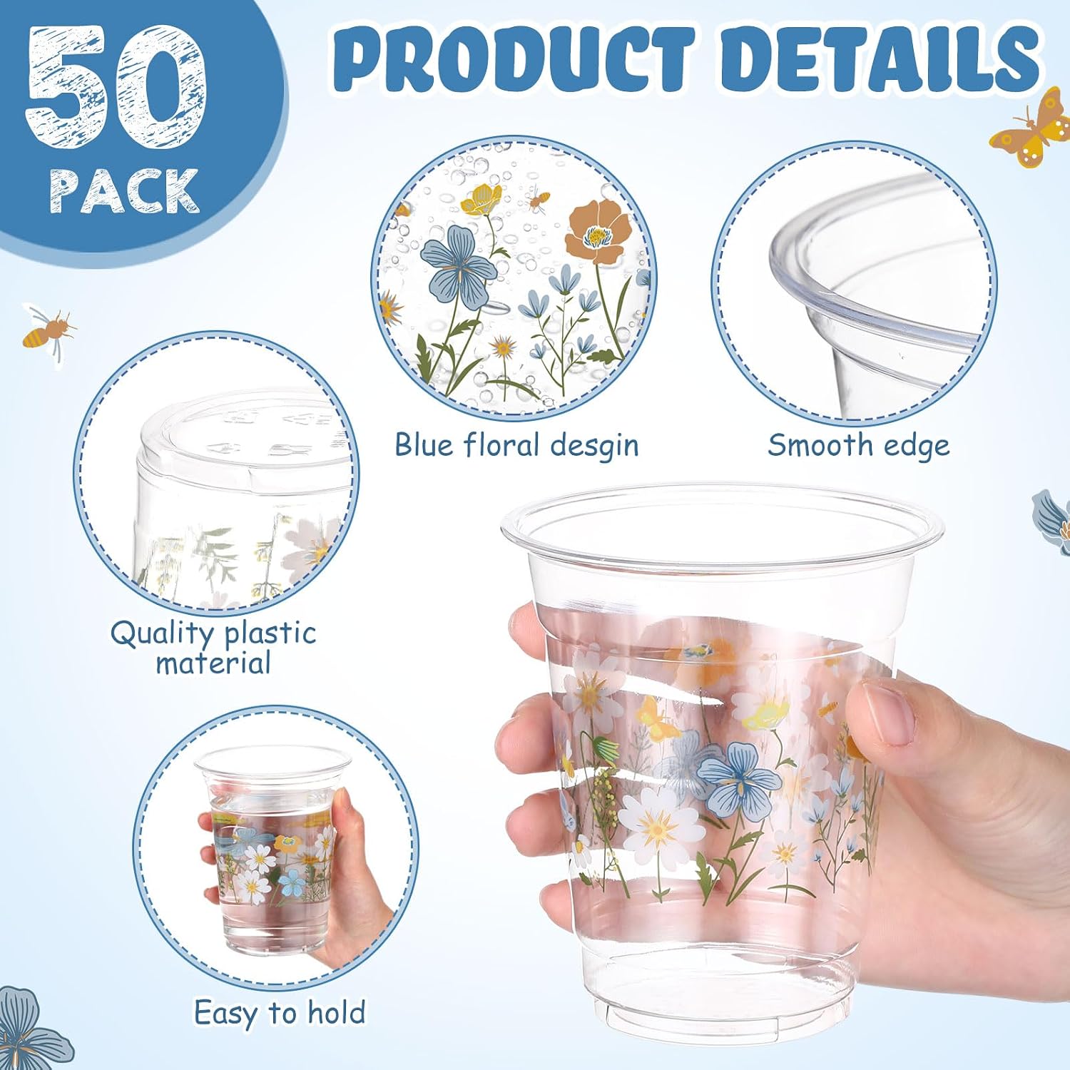 Funnymoom 50 Pcs Blue Boho Flower Disposable Cups with Lids and Straw 12 oz Spring Floral Clear Plastic Drinking Cups Wildflowers Drinking Cup for Summer Spring Birthday Baby Shower Party Supplies