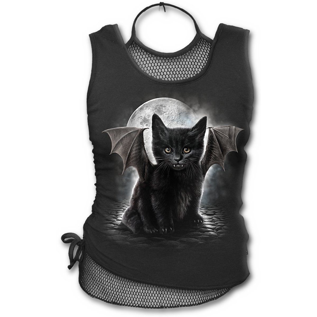 SpiralBat Cat - 2in1 Neck Tie Mesh Top Black