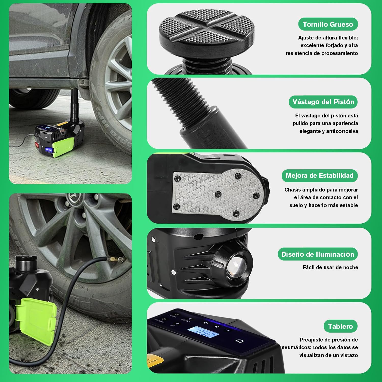 VOBOR Gato Eléctrico para Coche, 5T Gato Hidráulico 12V con Luz LED e Inflador, 155-450 mm Juego de Gatos Elevador para Automóvil, SUV, Sedán
