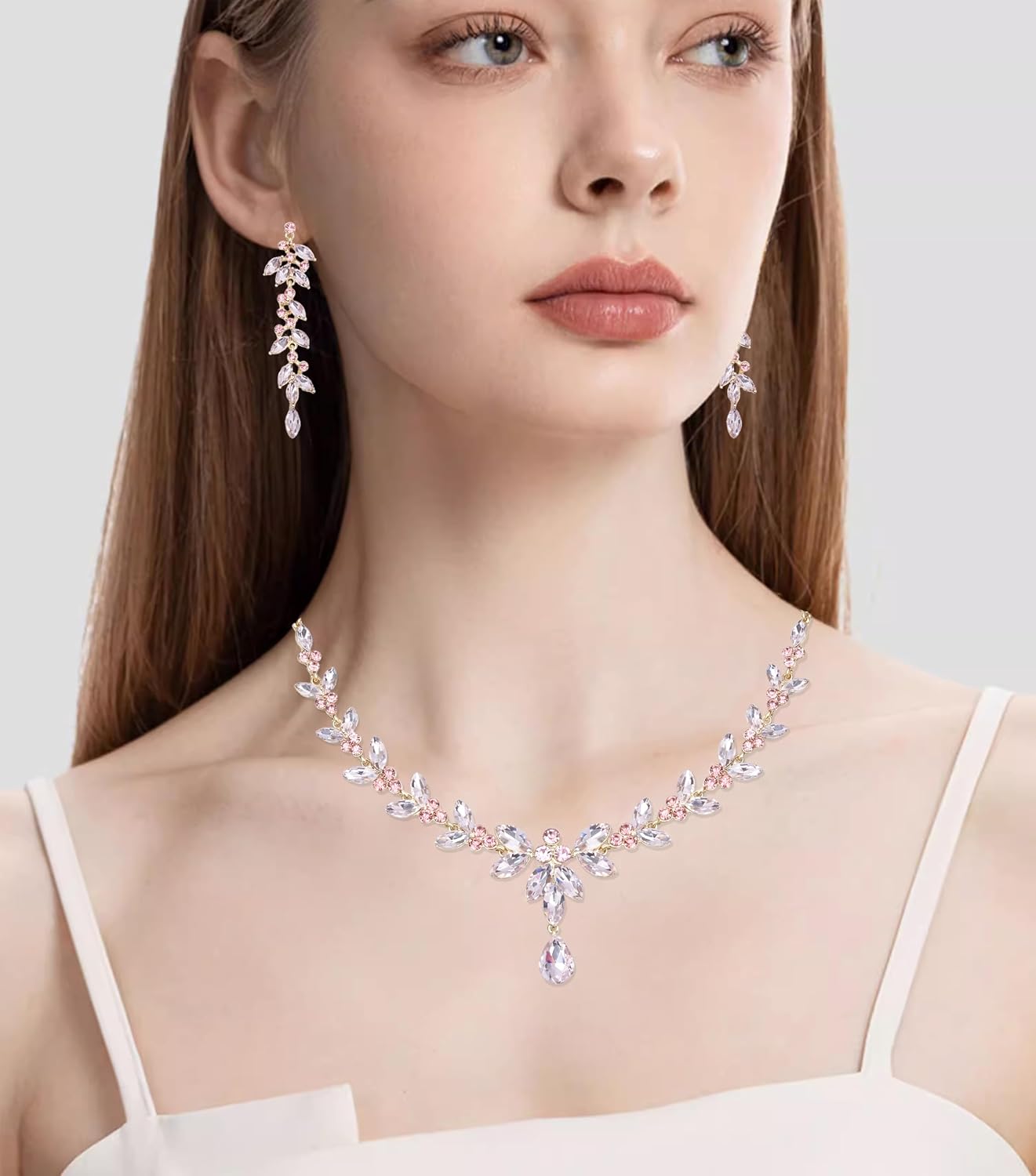 CSY 4 Pcs Elegant Bridal Jewelry Sets Austrian Marquise Crystal Wedding Necklace Dangle Earrings Tennis Bracelet Ring Set for Bride Women Costume Accessories
