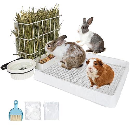 BESNEW 3 in 1 Rabbit Hay Feeder with Litter Box,Upgraded Metal Hay Rack & Litter Tray & Water Bowl,Quick Cleaning,Easy to Install,Bunny Supplies for Rabbit Guinea Pig Chinchilla Small Animals - 10in set - White