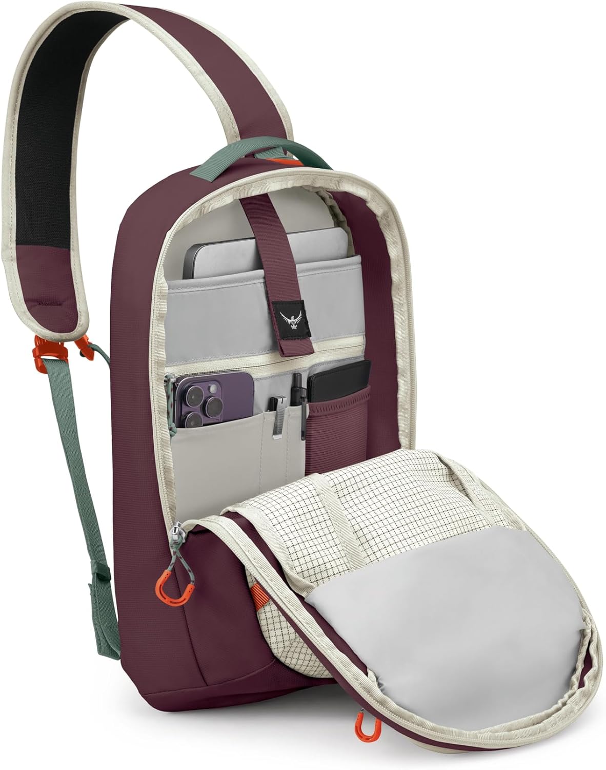 Osprey Transporter Crossbody Shoulder Sling - Personal Item Bag - Small Everyday Backpack, Mystery White/Moody Burgundy