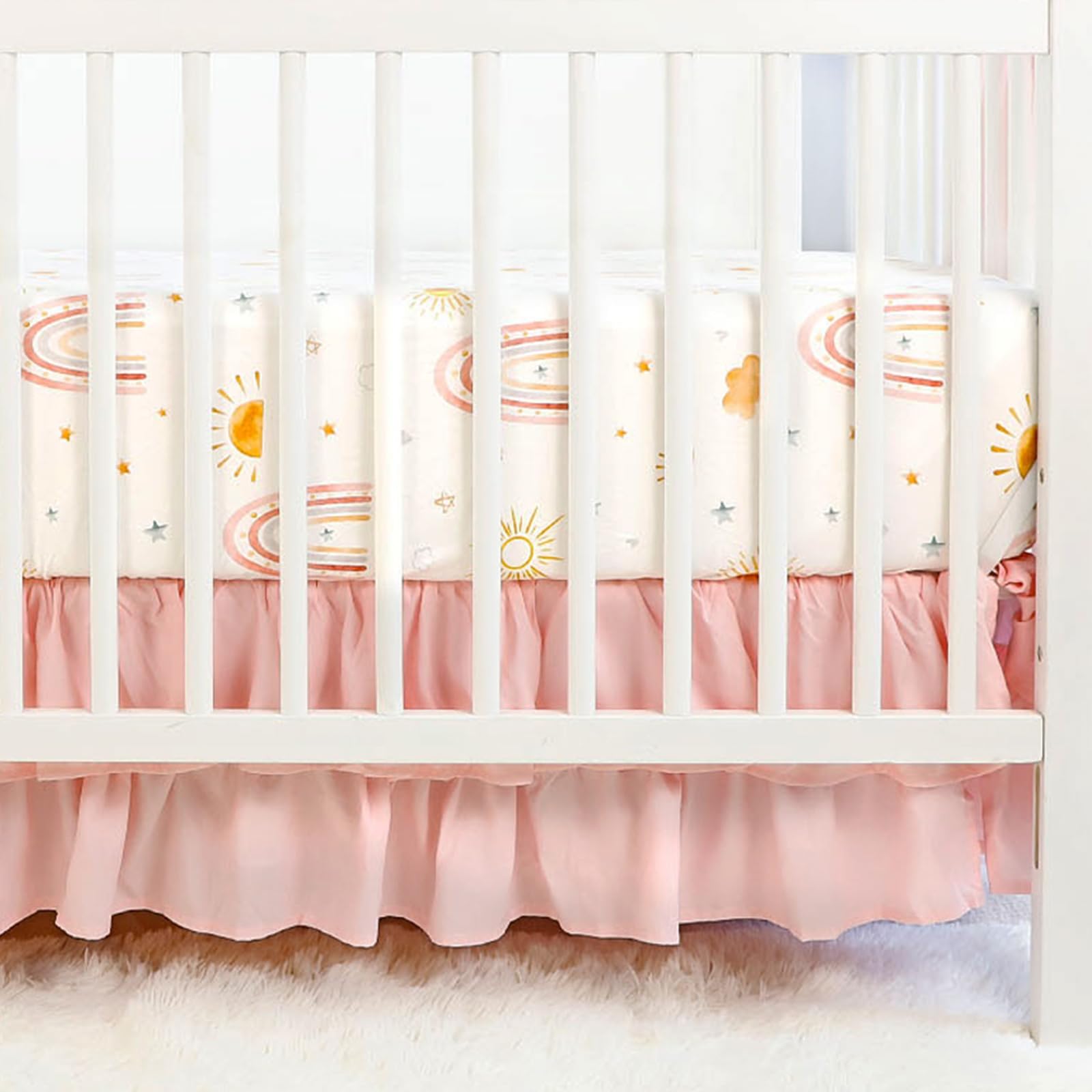 Juego de ropa de cama de cuna de 4 piezas para niñas, incluye edredón, sábana bajera ajustable, falda de cuna y apilador de pañales, arcoíris rosa