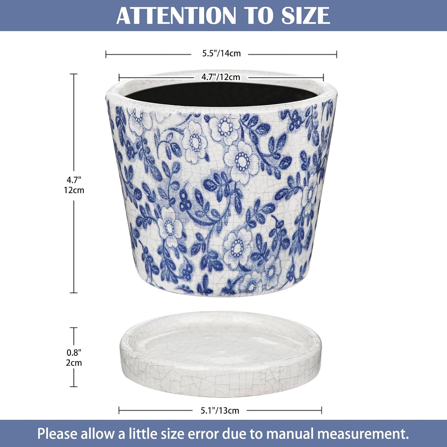 Ceramic Pot for Plants 5.5 inch Blue and White Pot for Plants Small Chinoiserie Planter Pots with Drainage Hole and Saucers Outdoor Inoor Blue Flower Pots for Succulent, Cactus, Snake Plant, Herb