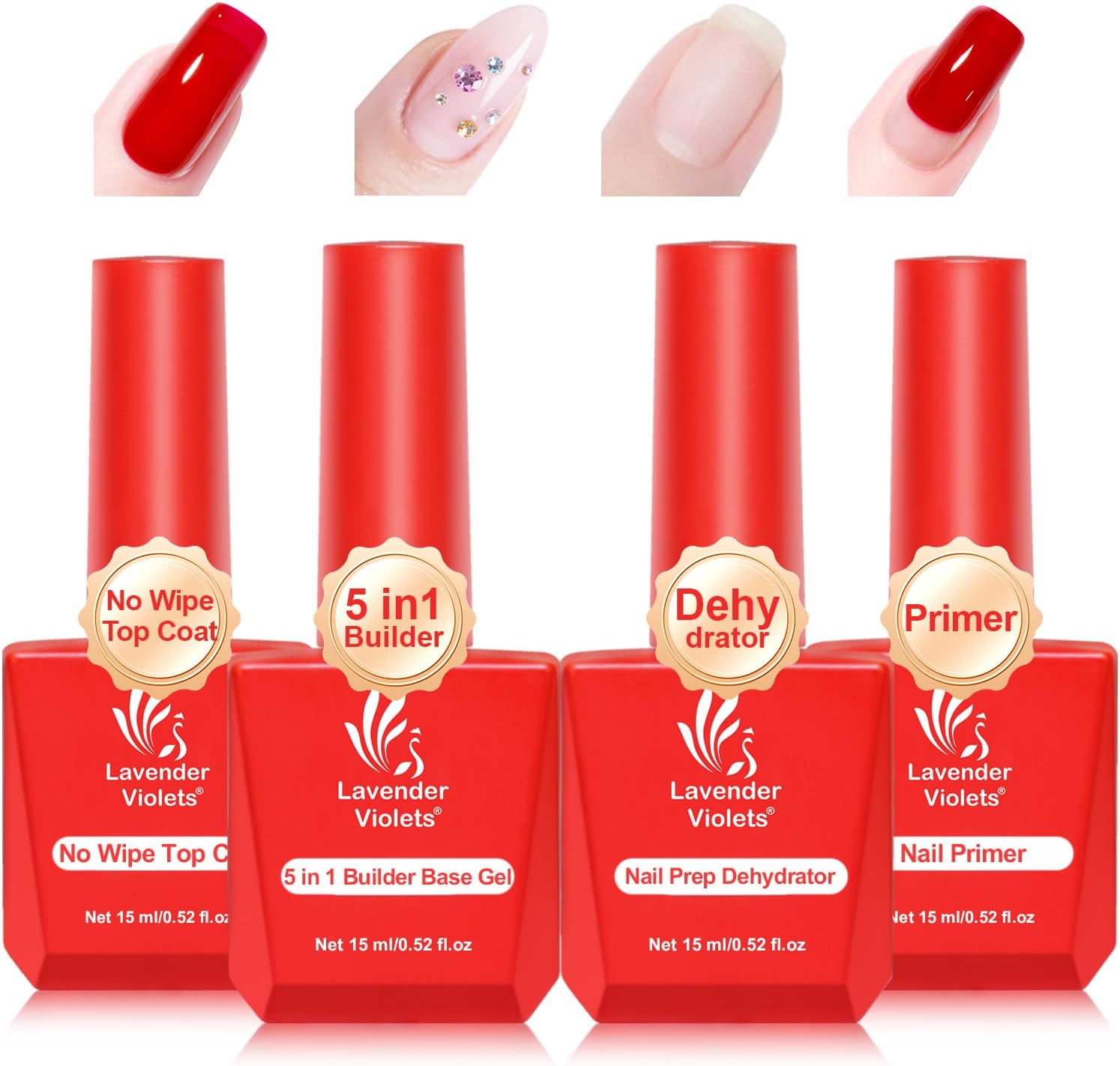 4pcs 15ml Nail Prep Dehydrator Primer 5 in 1 Builder Base Coat Glossy No Wipe Top Coat Set Quick Drying Durable DIY Nail Art Design Long Lasting Gift A2478