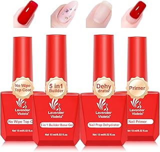 Lavender Violets 4pcs 15ml Nail Prep Dehydrator Primer 5 in 1 Builder Base Coat Glossy No Wipe Top Coat Set Quick Drying Durable DIY Nail Art Design Long Lasting Gift A2478