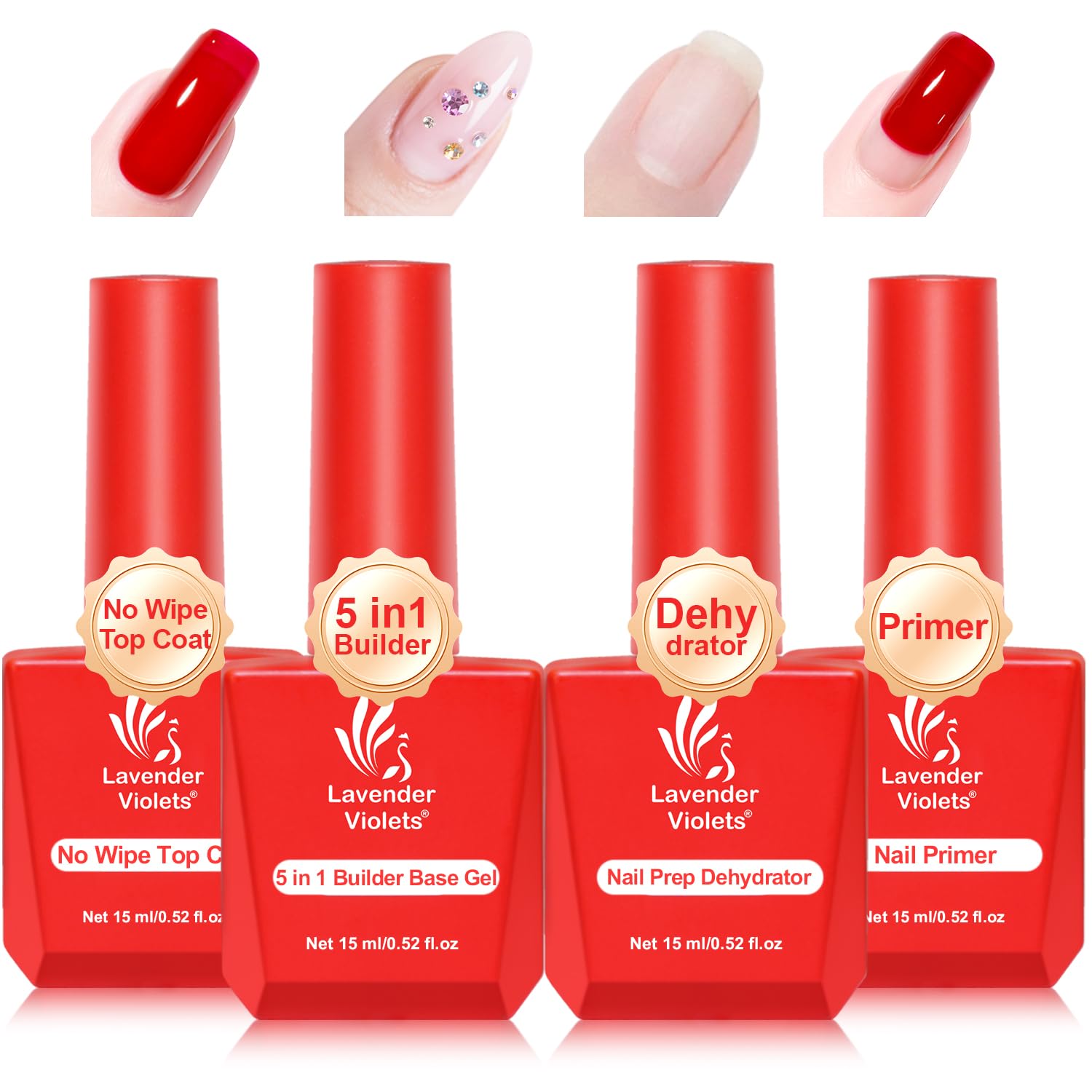 4pcs 15ml Nail Prep Dehydrator Primer 5 in 1 Builder Base Coat Glossy No Wipe Top Coat Set Quick Drying Durable DIY Nail Art Design Long Lasting Gift A2478