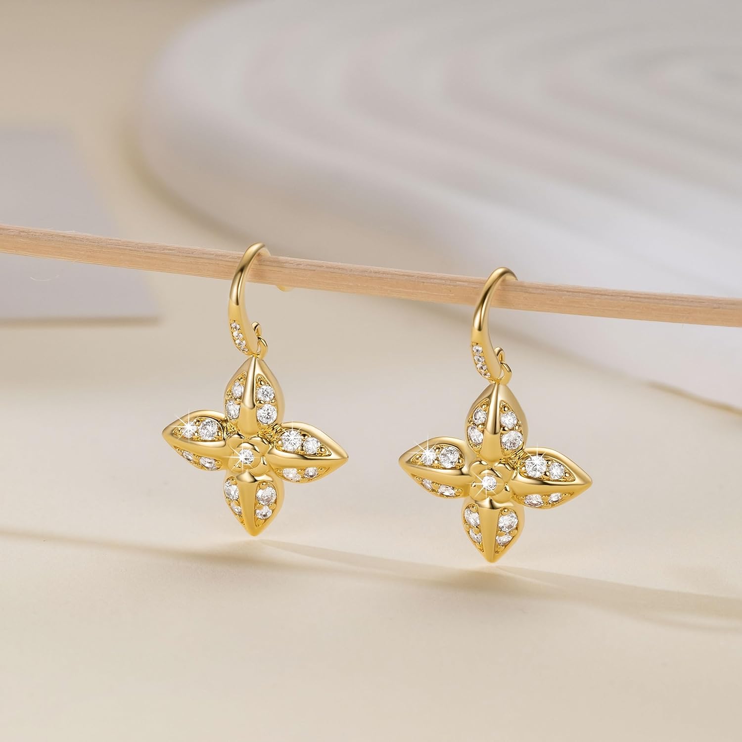 Eloqueen 14K Gold Earrings for Women Gold Dangle Earrings for Women Flower Earring with Cubic Zirconia Elegant and Good Fortunate Four-Leaf Flower CZ Drop Earring for Womens Dangling - Image 5