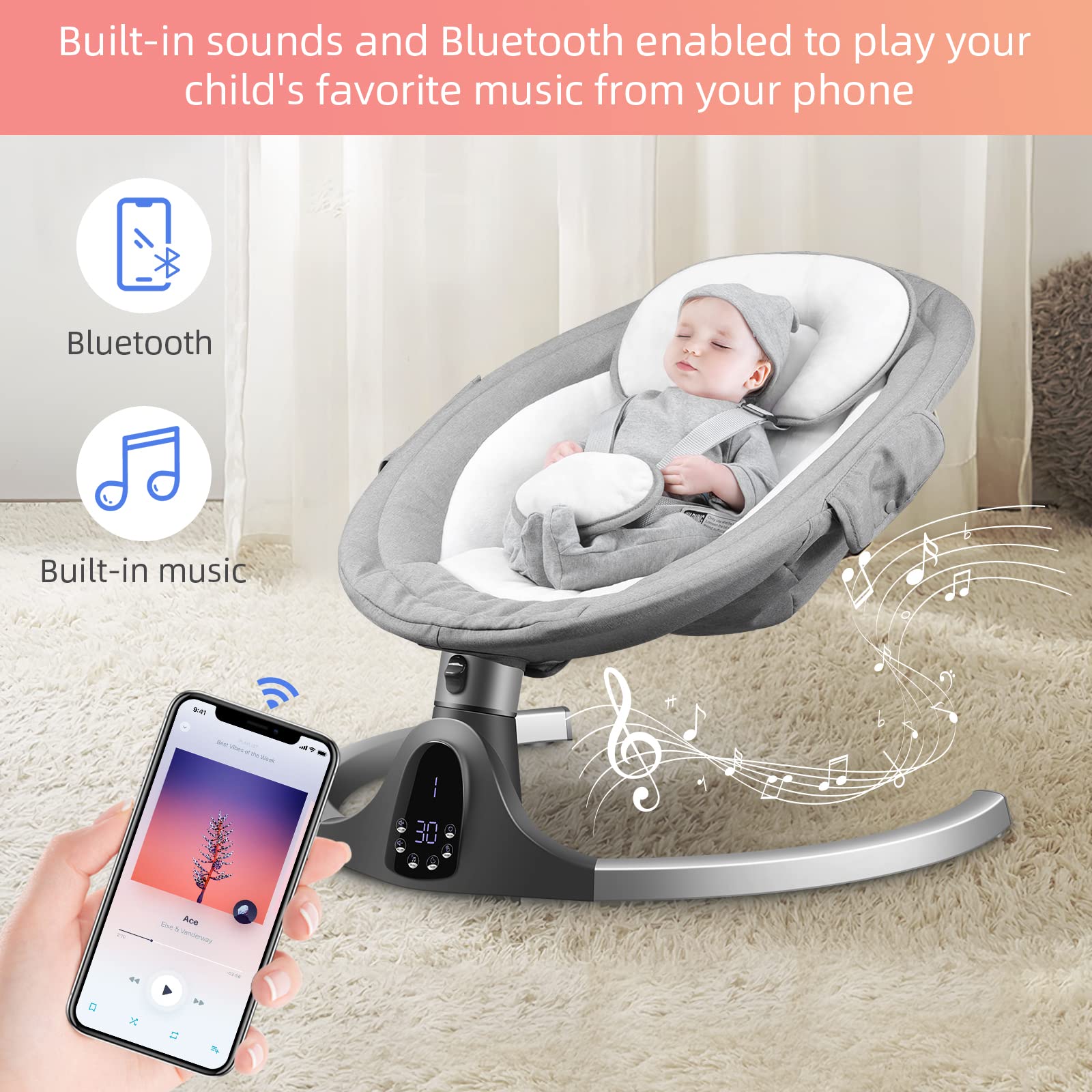 Baby Swings for Infants, 5 Speed Bluetooth Baby Bouncer with 3 Seat
