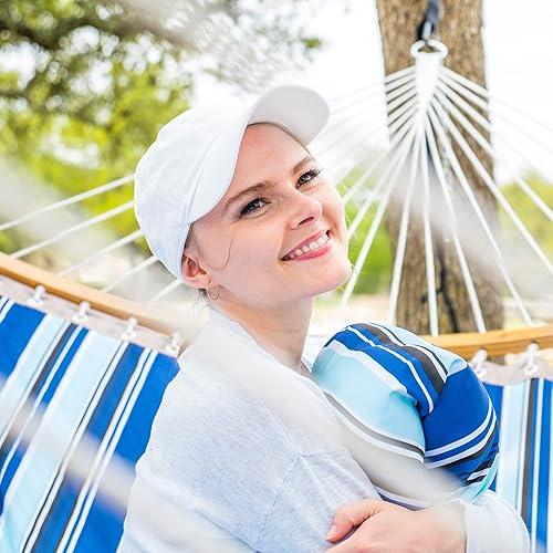 Miniatura 2 de SUNCREAT Hamaca portátil con bolsa de transporte, hamaca para 2 personas con barra separadora curva, rayas azules