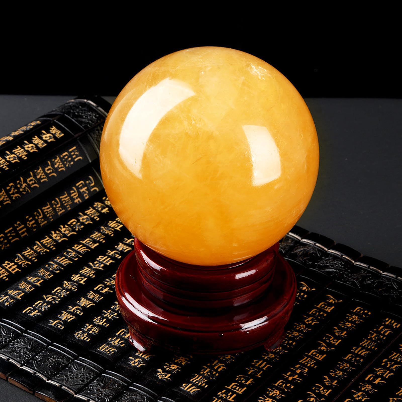 Bola de Esfera de Cristal de Citrino Natural Feng Shui con Soporte de Madera, Bola de Cristal Grande de Cuarzo Curativo para Meditación de Equilibrio Reiki Decoración del Hogar,12cm/4.7in