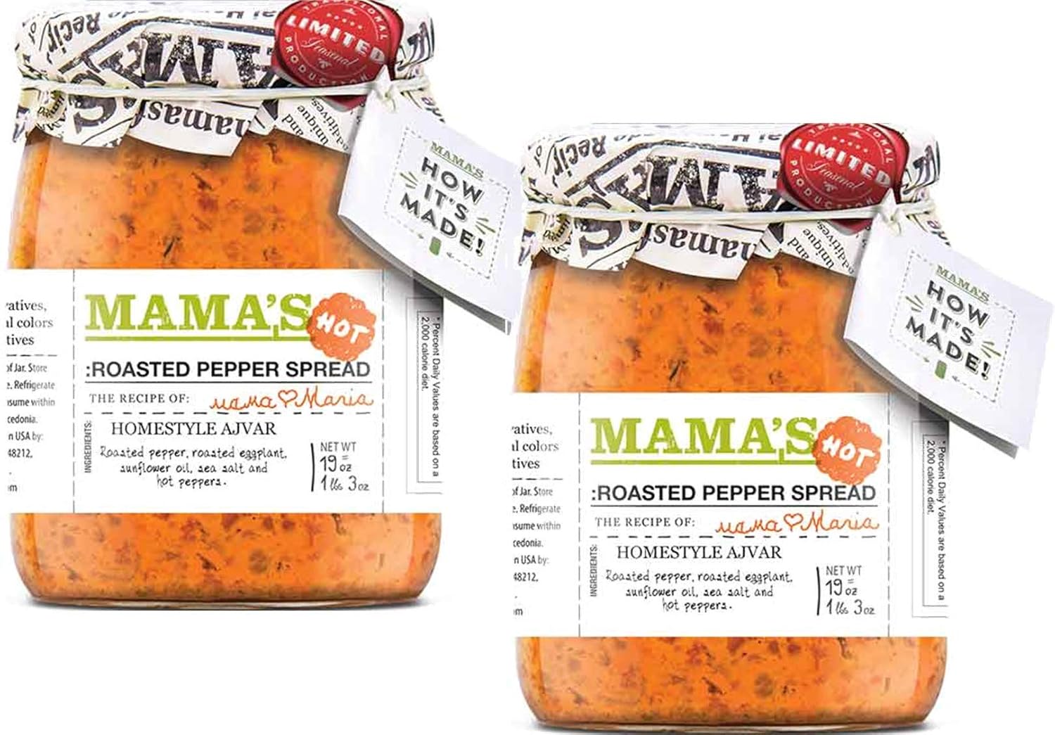 Mamas Home style Roasted Pepper Red Ajvar Spread, Two 19 oz. Jars (Mild)