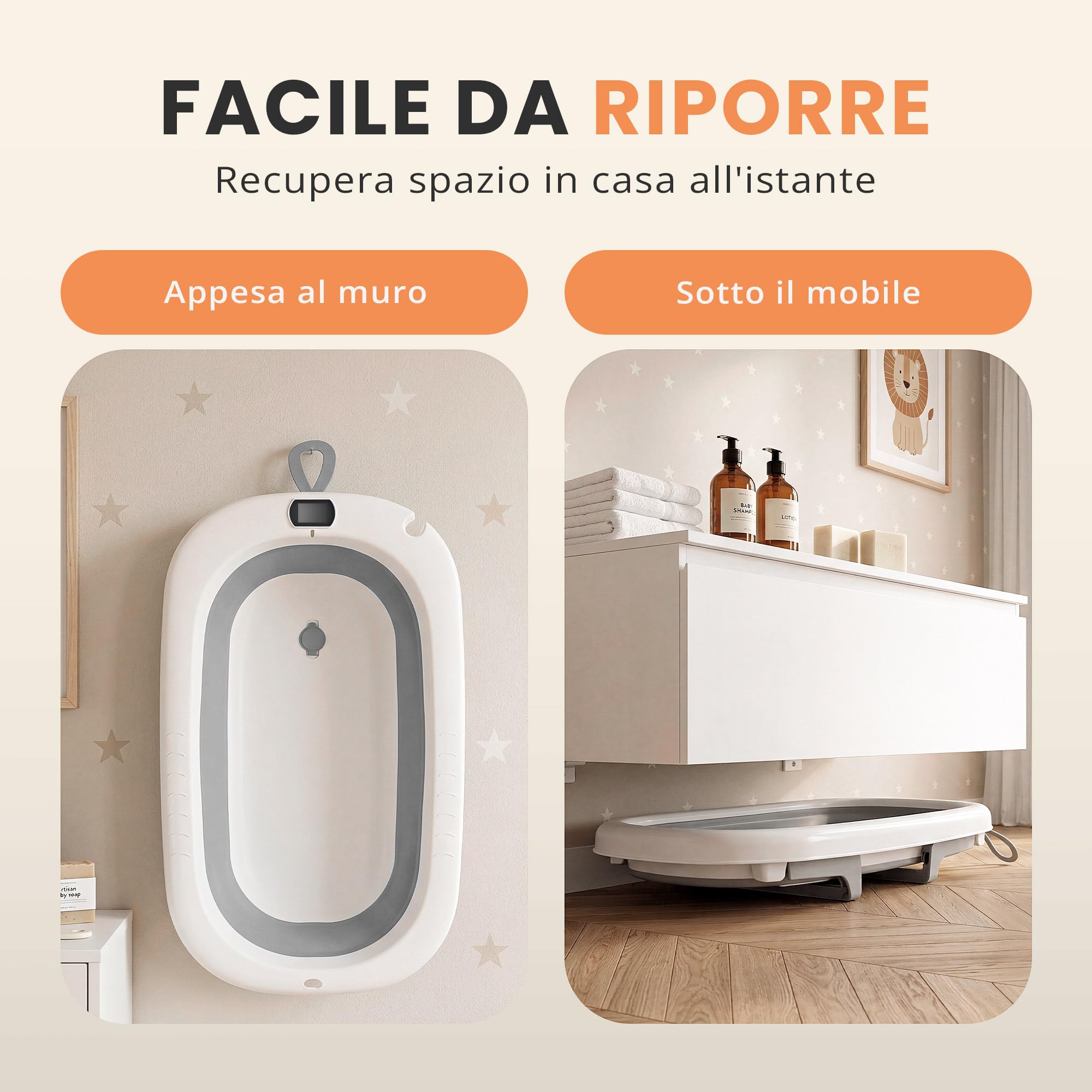 JUPPLIES Vaschetta Bagnetto Neonato Pieghevole con Cuscino Ergonomico e Termometro Digitale – Vasca Bagnetto Neonato Salvaspazio Antiscivolo – Facile da Riporre (75x45x20 cm - Grigio)