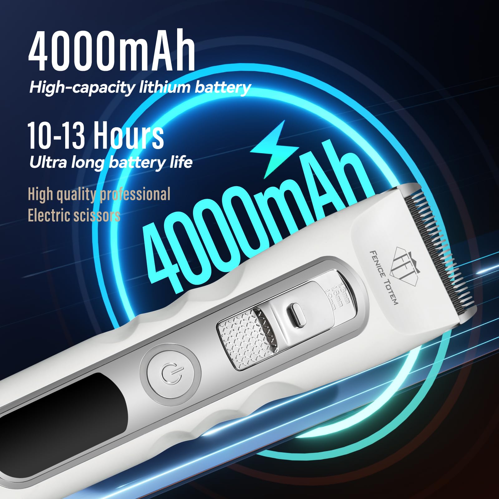 Tosatrice professionale per la toelettatura dei cani, senza fili, motore da 36 W, batteria 4000 mAh, lama 4 in 1, con 5 pettini guida (bianco)