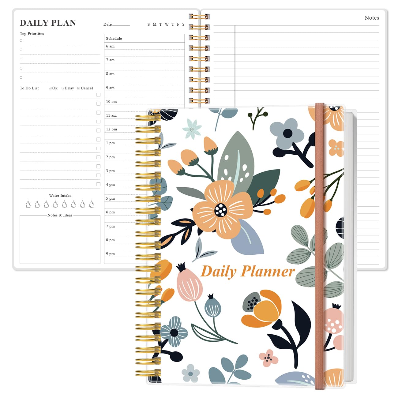 Daily Planner Undated - B5 To Do List Notebook Hourly Schedules, Spiral Appointment Planner for Women and Men, PVC Hardcover, Inner Pocket, Elastic