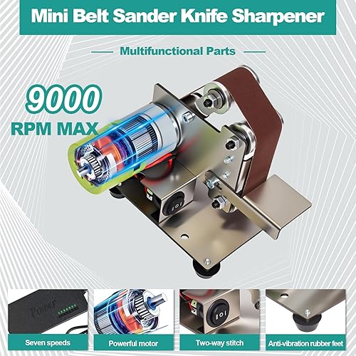 Vista 5 de Mini lijadora de banda, afilador de cuchillos, eléctrico, mejorado, 7 controles de velocidad ajustables, máquina pulidora pequeña de 110 V con 10