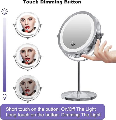 Miniatura 3 de Gospire Espejo de maquillaje LED 1x10x aumento con pantalla táctil luz LED ajustable espejo giratorio de tocador iluminado de 7 pulgadas espejo