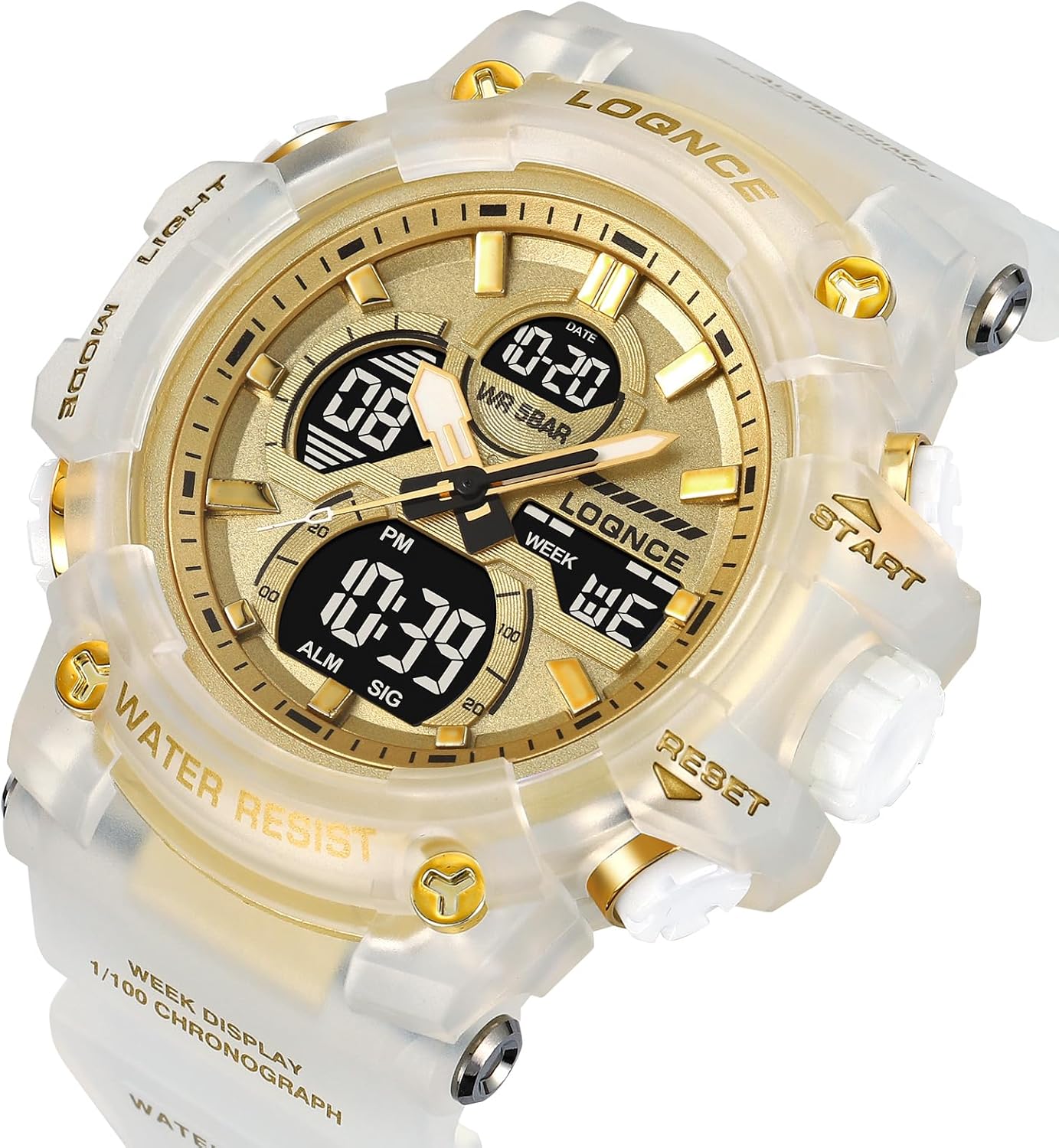 FANMIS Mens Watch for Men Analog Digital Sport Watch Transparent Gold Watches Waterproof Military Style Big Face Wristwatch with Stopwatch/Alarm/Countdown/Dual Time/Luminous Backlight