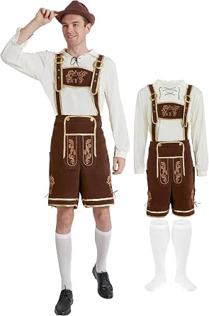 Mens Lederhosen Costume, German Bavarian Oktoberfest Outfit, Shirt & Socks
