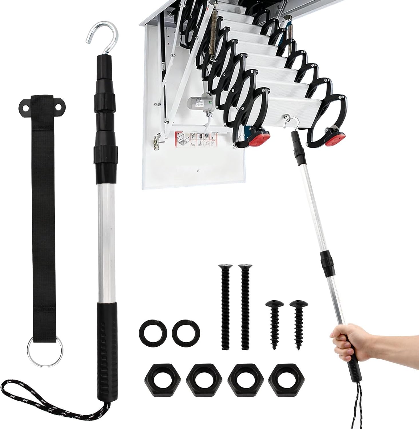Attic Pull Down Hook, 40-Inch Telescopic Attic Ladder Pull Rod with D-Ring & Rope, Extendable Attic Stair Pull Down System Kit for Garage Door & Rolling Shutter Access
