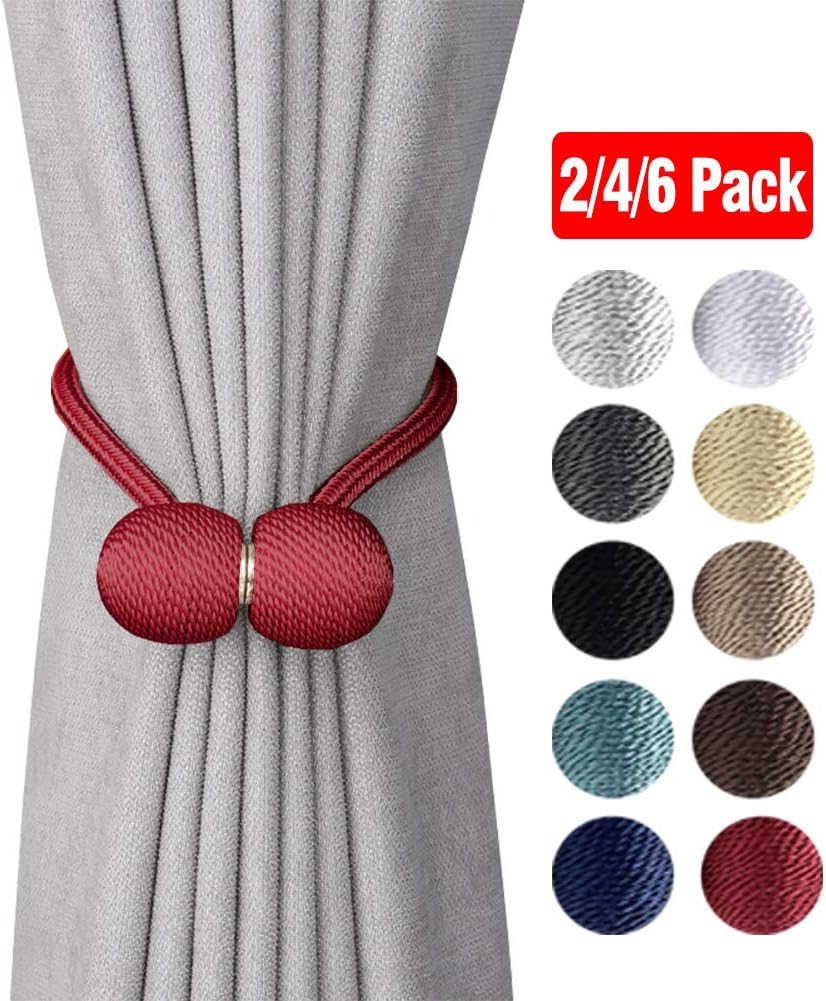 DEZENE Magnetic Curtain Tiebacks,The Most Convenient Drape Tie Backs,2 Pack Decorative Rope Holdback Holder for Big,Wide or Thick Window Drapries,16 Inch Long,Burgundy Red