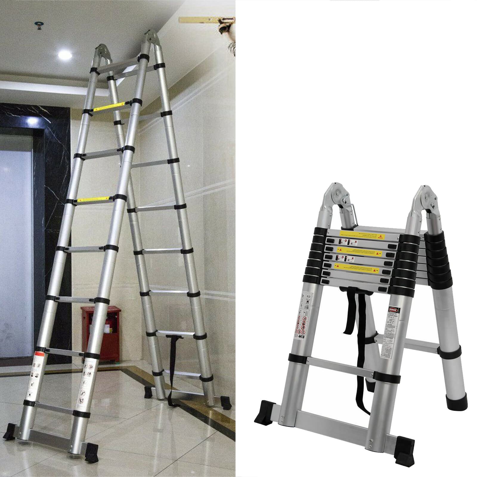2,5+2,5m Aluminium Klappleiter Teleskopleiter, rutschfest Ausziehleiter Dachbodenleiter Ausziehbar Anlegeleiter, 8+8 Sprossen, Leicht zu Tragen, 150kg Tragkraft