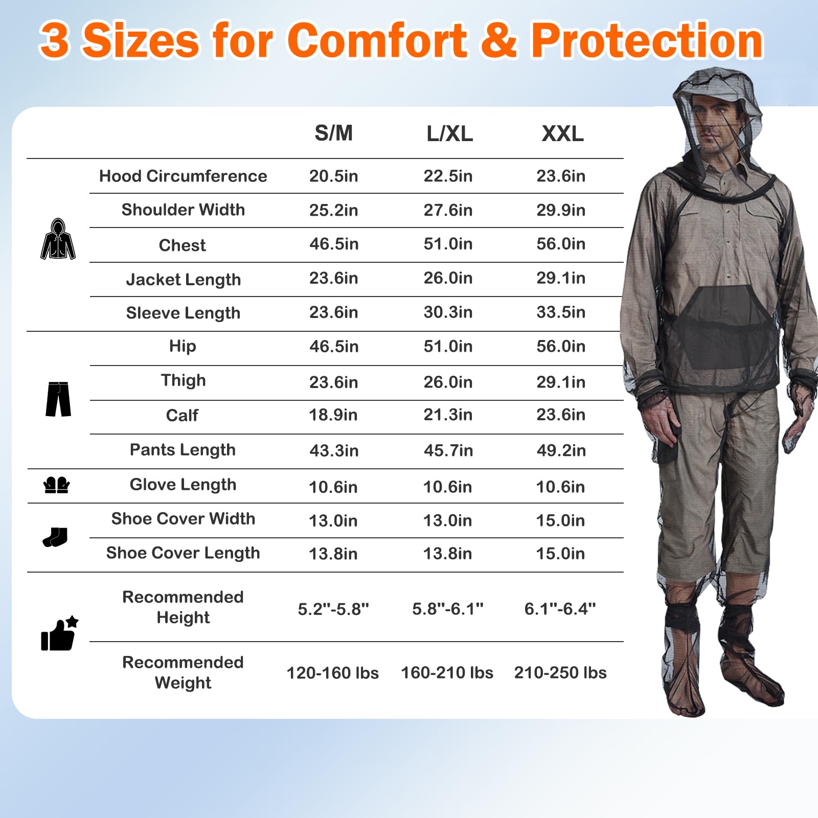 Combinaison anti-moustiques – Veste intégrale contre les insectes – Pantalon, gants et chaussettes – Protection extérieure contre les insectes pour le jardinage, la pêche, la randonnée