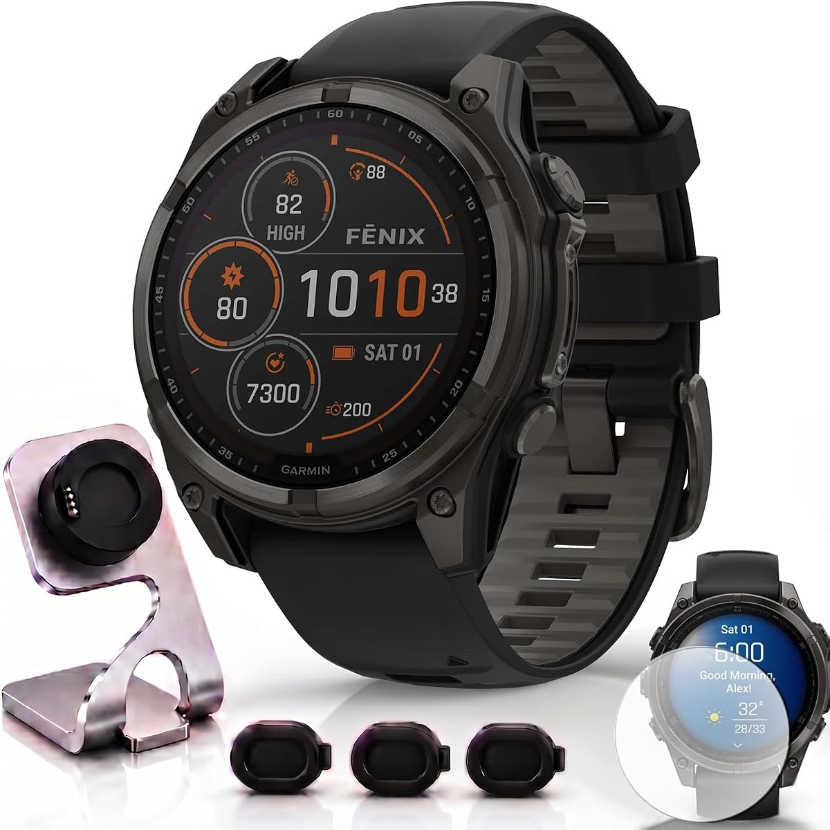 Garmin Fenix 8 47mm Solar Sapphire Multisport GPS Smartwatch, Carbon Gray DLC Titanium with Black/Pebble Gray, 010-02906-10 - Bundle w/Deco Essentials Charging Dock, Dust Cover and Screen Protector