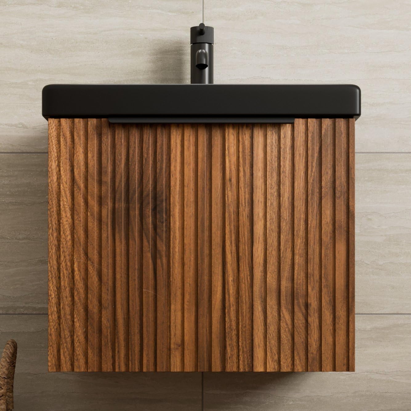 Fluted 500mm Bathroom Vanity Unit Black Ceramic Basin Sink, Cloakroom Storage Furniture Cabinet Wall Hung Cupboard Soft Close, Black Handle, Walnut