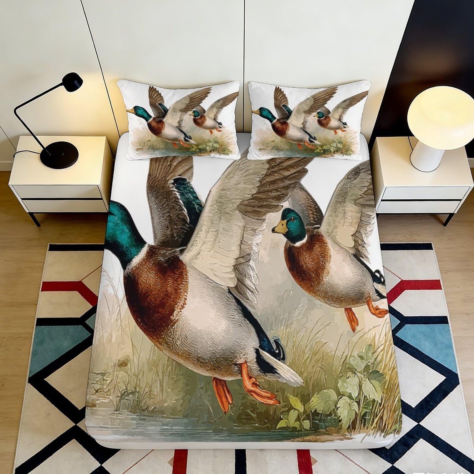 3D Printed Flying Mallard Duck Fitted Sheet Microfiber Soft Anti-Slip Waterfowl Bed Cover for Bedroom Dorm Decor 90x200x25cm