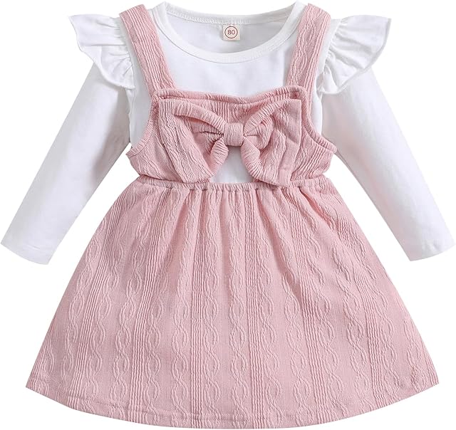 Qiraoxy Baby Girl Clothes Set Ruffle Long Sleeve T-Shirt Top + Knitted Bowknot Strap Overall Dress Toddler Kids Girl Spring Fall 2Pcs Clothing Outfit