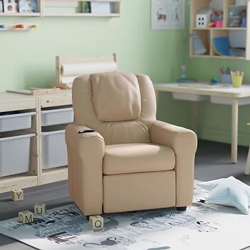 HBCY Creations Kids Recliner - Beige Vinyl Upholstery - Integrated Cupholder - Padded Headrest - Safety Recline Feature