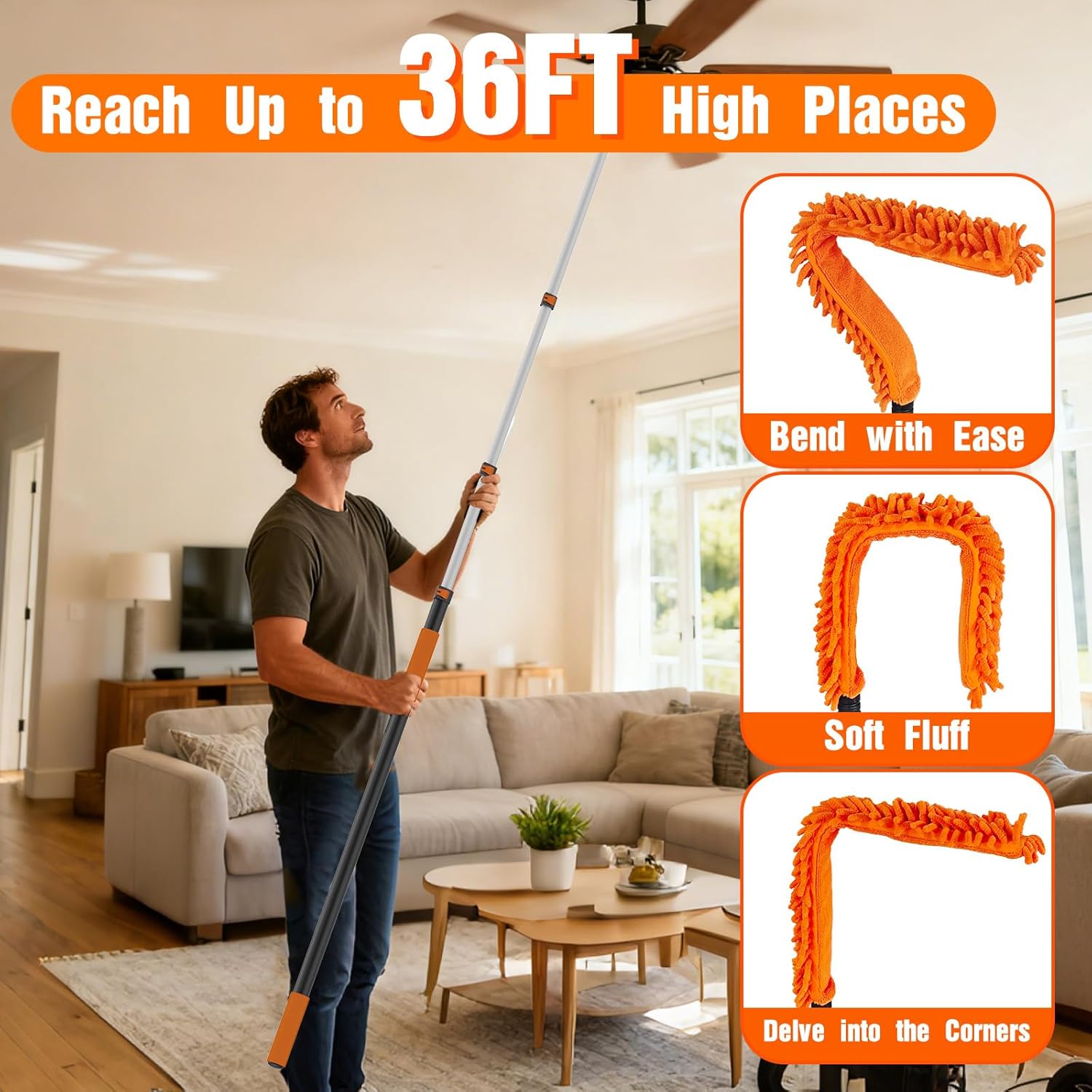 SISUPASSIE 36FT Reach High Ceiling Duster Kit, Window Cleaning kit with 7-30FT Extension Pole, Fan Duster for Ceiling Fan Blades, Microfiber Feather Duster, Rotatable Window Squeegee and Cobweb Duster
