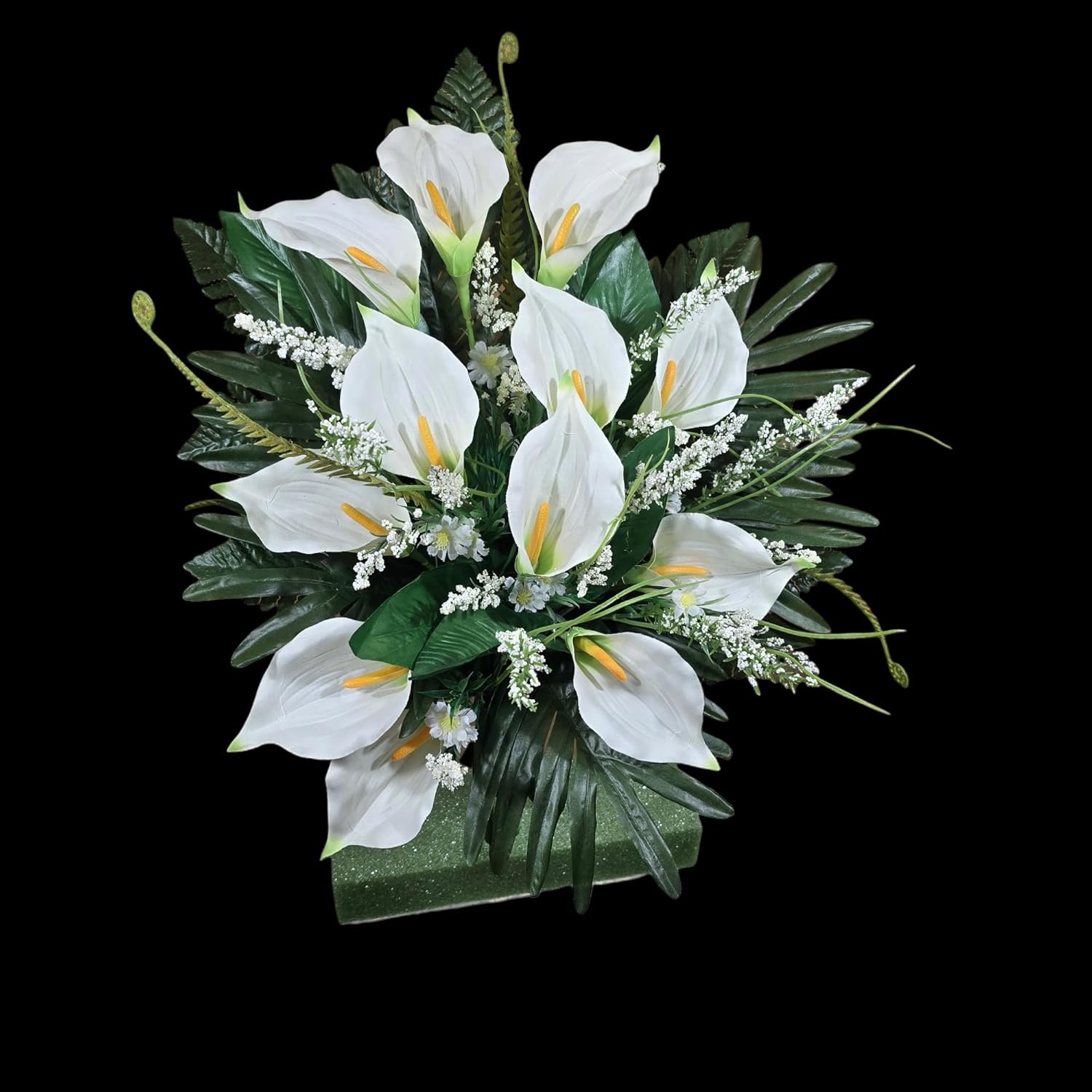 Realistic Artificial Cemetery Flowers - Jumbo Silk Faux Floral Cream Calla Lily Bouquet for Grave with white filler - 1 Large Headstone Decoration - Memorial Flowers