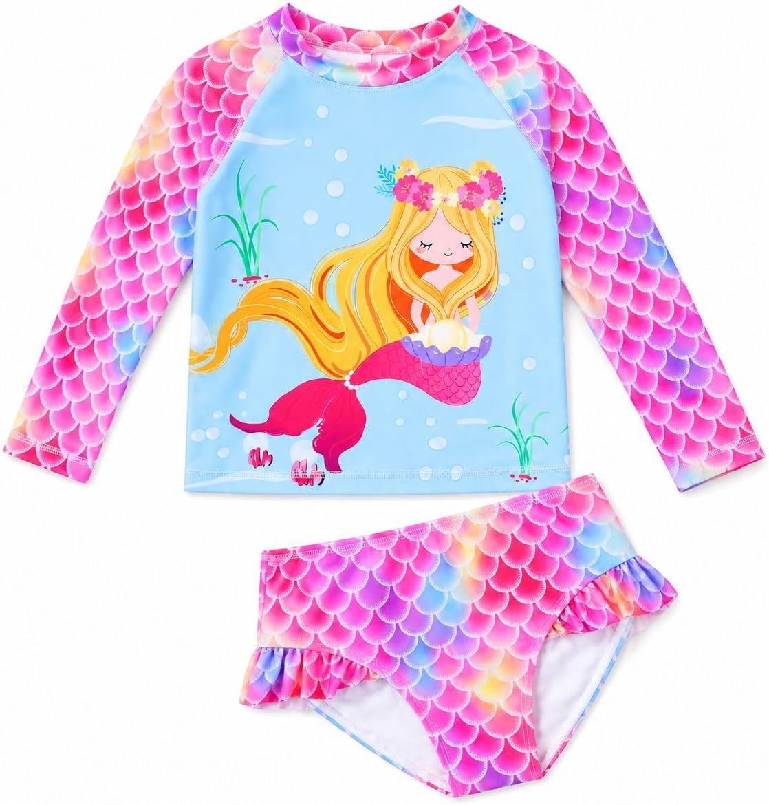 HILEELANG Toddler & Little Girls' Long Sleeve Rash Guard Swimwear Set – UV Protection, 2-Piece Design, Fun Prints, 2-9 Years