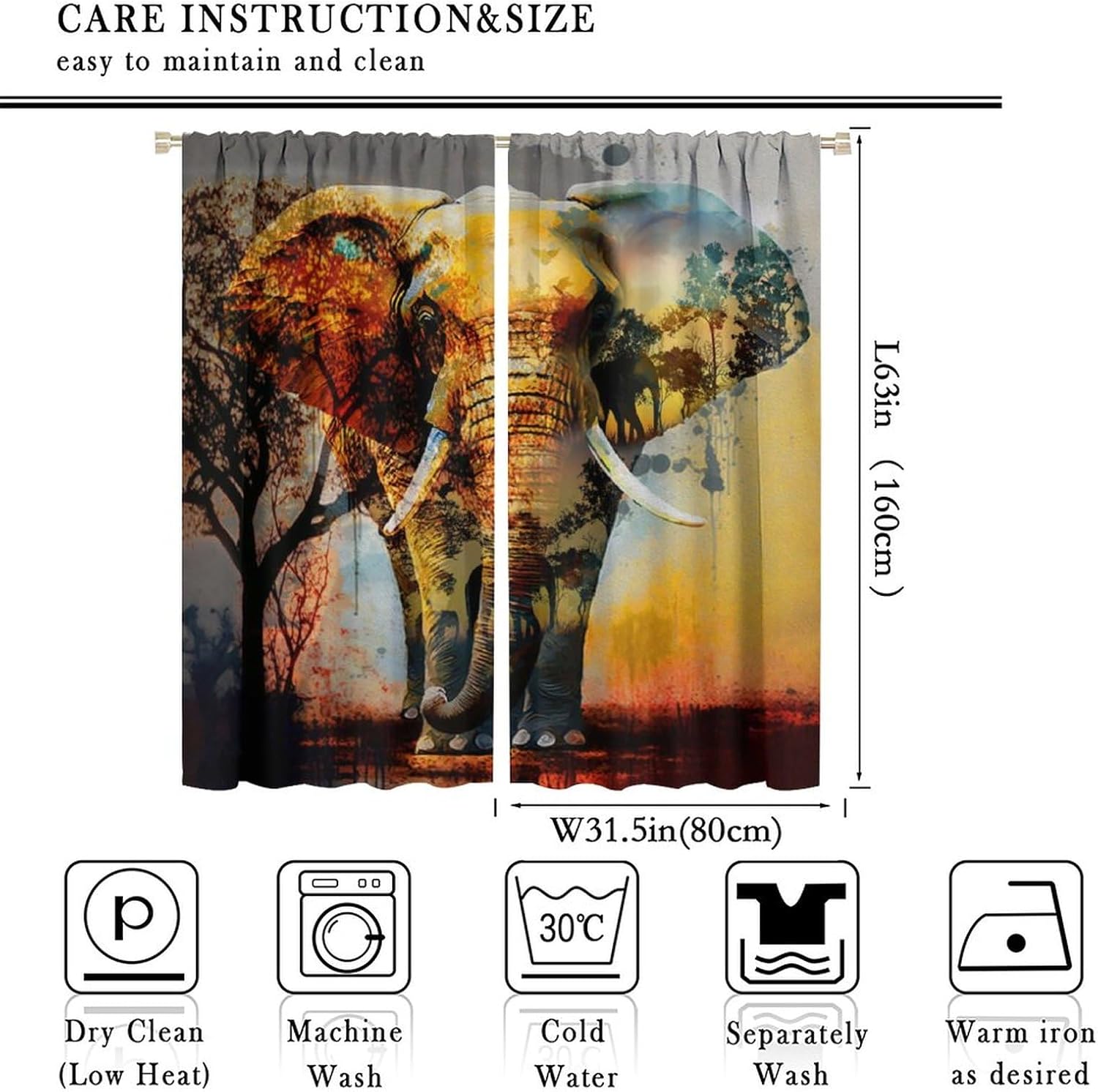 Rustic African Wildlife Elephant Blackout Curtains for Bedroom, Abstract Modern Art Nature Landscape Animal Silhouette Sunset Tree Rod Pocket Thermal Insulated Room Darkening 2 Panels 63" L x 31.5" W