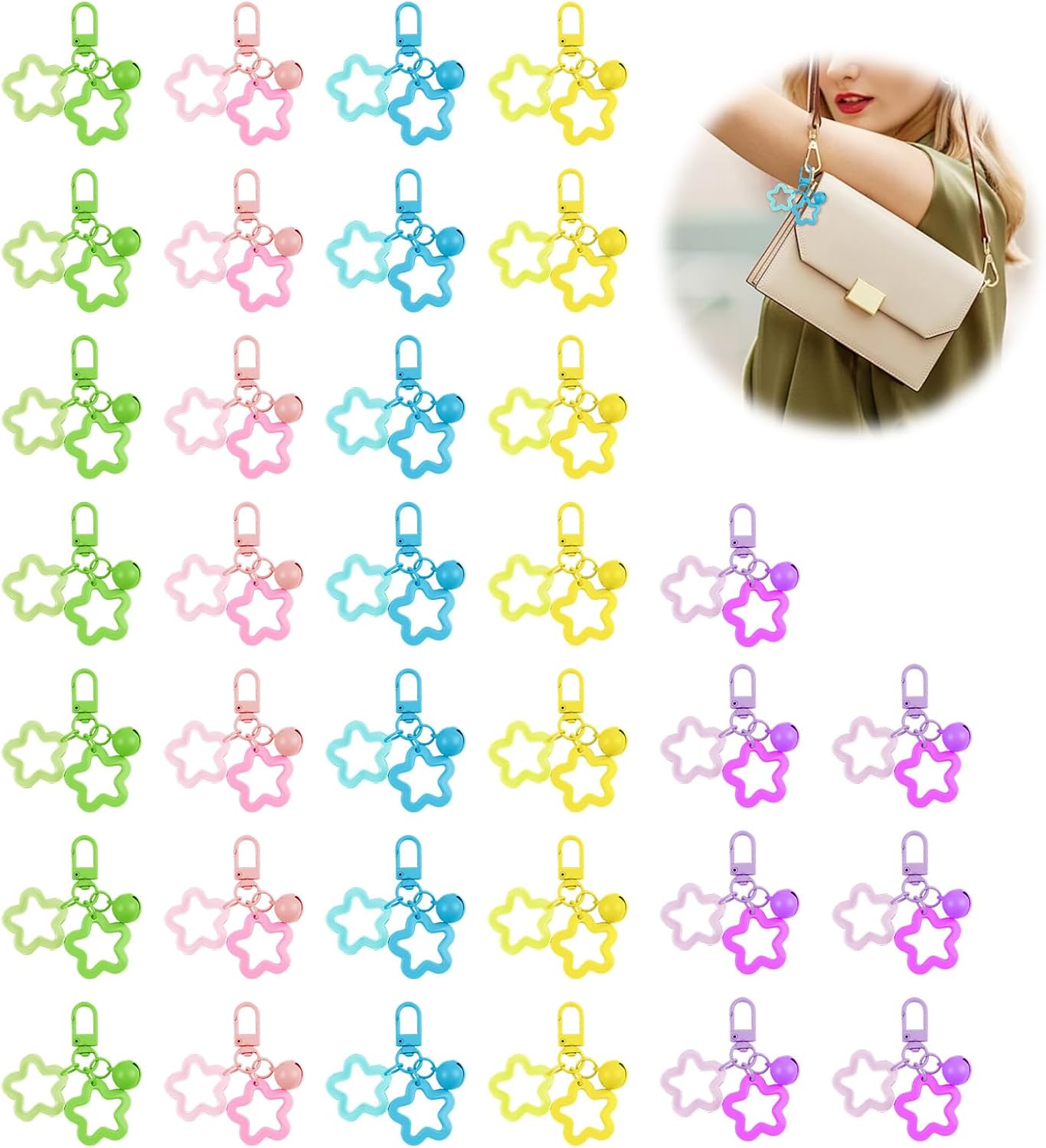 35 Pcs Star Keychain, Candy Color Star Keyring, Cute Acrylic Bell Pendant Key Chain Purse Bag Charms for Car Keys - Image 2