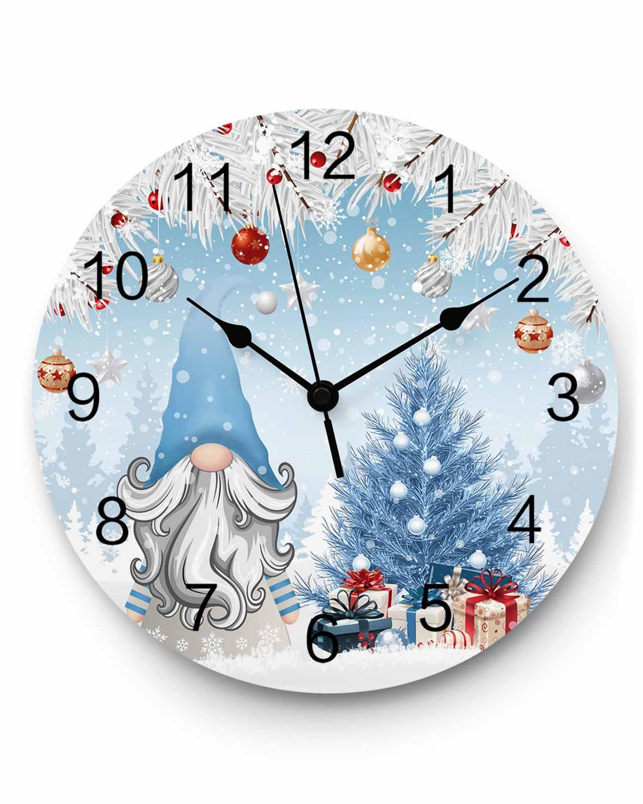 Ensound Christmas Wall Clock Gnome Xmas Tree Balls Clocks Wooden Silent Non-Ticking Battery Operated Blue Pine Needles Snowflake Round Clock for Home Living Room Kitchen Bedroom Office School 12 Inch