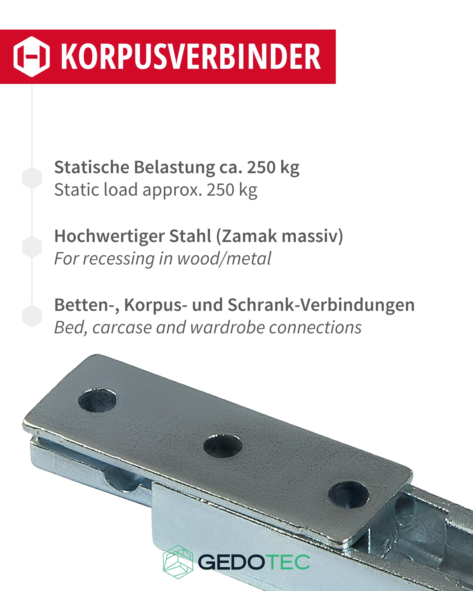 Gedotec Connettore per mobili connettore per letto nascosto Connettore corpo in metallo SOLID | Raccordo connettore sospeso per letti, mobili e costruzioni metalliche | Capacità fino a 250 kg | 25 set