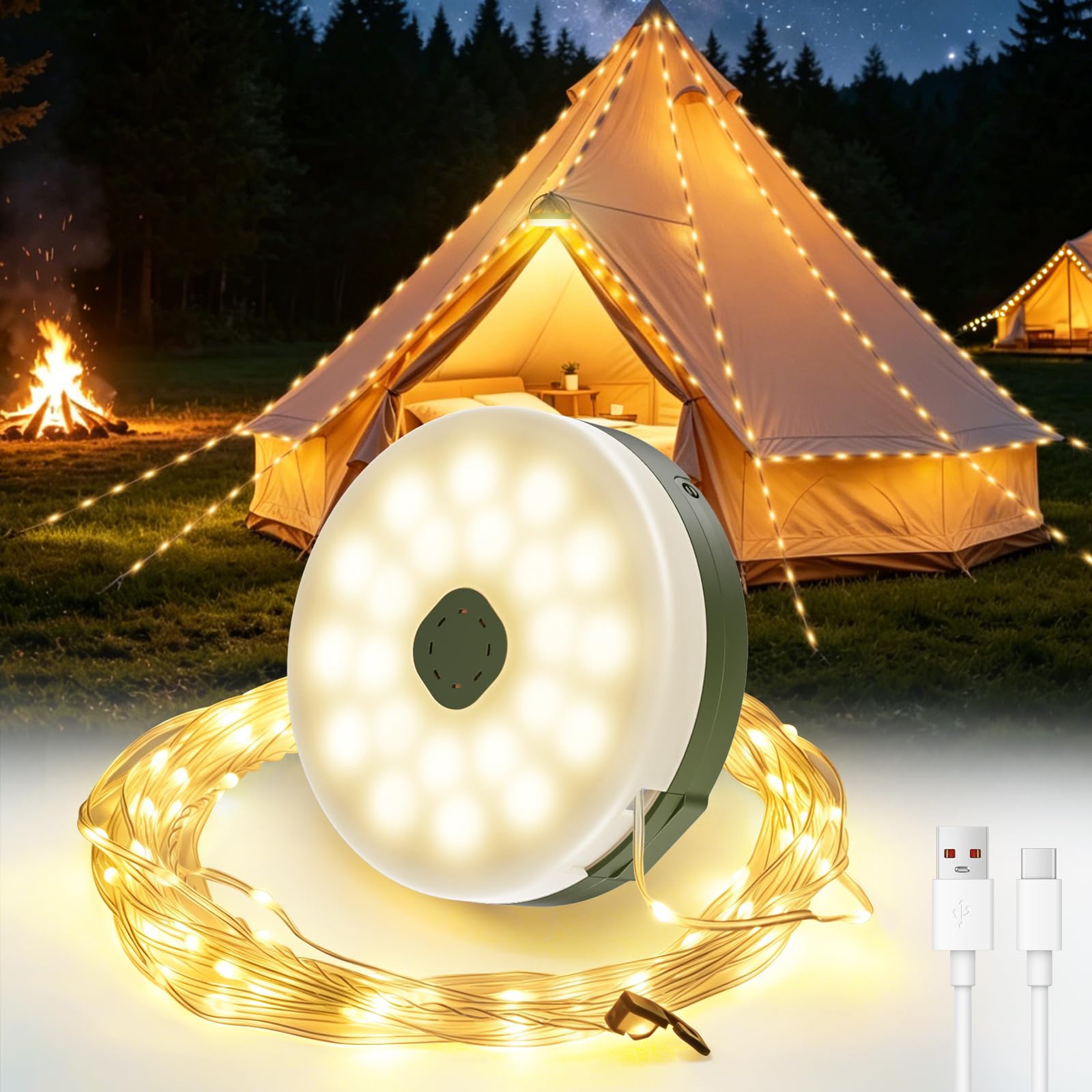 Camping String Lights, 10M Retractable Camping String Lights with 5 Lighting Modes, Timing Function 2-in-1 Outdoor Fairy Light 2600mAh Tent Light Rechargeable for Garden (Only Warm White, USB Charge)