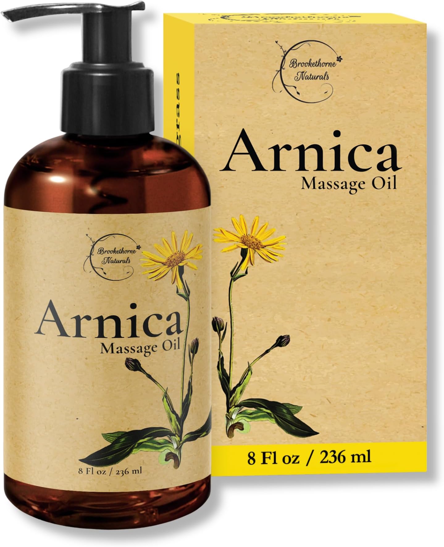 Brookethorne Naturals Arnica Massage Oil for Massage Therapy — Ideal for Athletic & Post Workout | Arnica Montana, Sweet Almond, Jojoba & Essential Oils | Botanical Formula for Active Lifestyles — 8oz