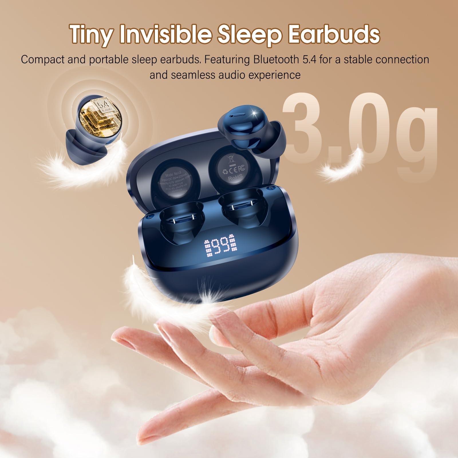 Auriculares Inalámbricos con Pantalla Táctil LED, Auriculares Bluetooth HiFi Estéreo, Mini Auriculare para Dormir Azul