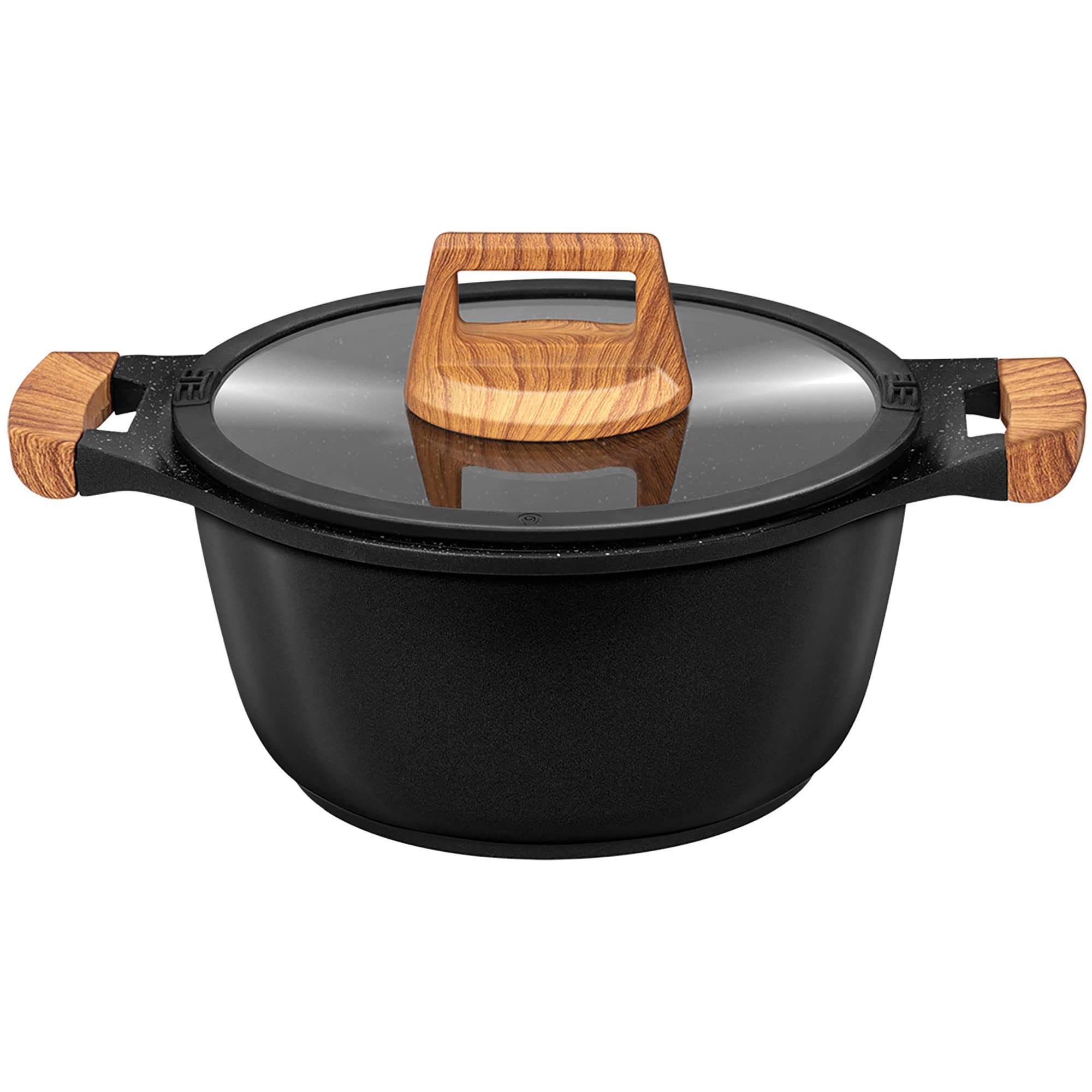 Smile Wood MGK-23 Batería Cocina Inducción 6 Piezas Aluminio Fundido Antiadherente ILAG, Set Cazuelas Tapas Cristal + Sartén, Asas Efecto Madera + Utensilios de Cocina, Vitrocerámica, Gas