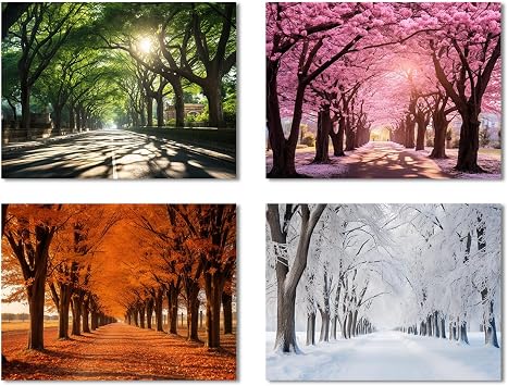 CXHOSTENT 4 Seasons Canvas Wall Art Spring Summer Autumn Winter Four Seasons Picture Prints Colorful Tree Forest Landscape Painting Home Decor Framed Landscape-2, 8.00"x12.00"x4P