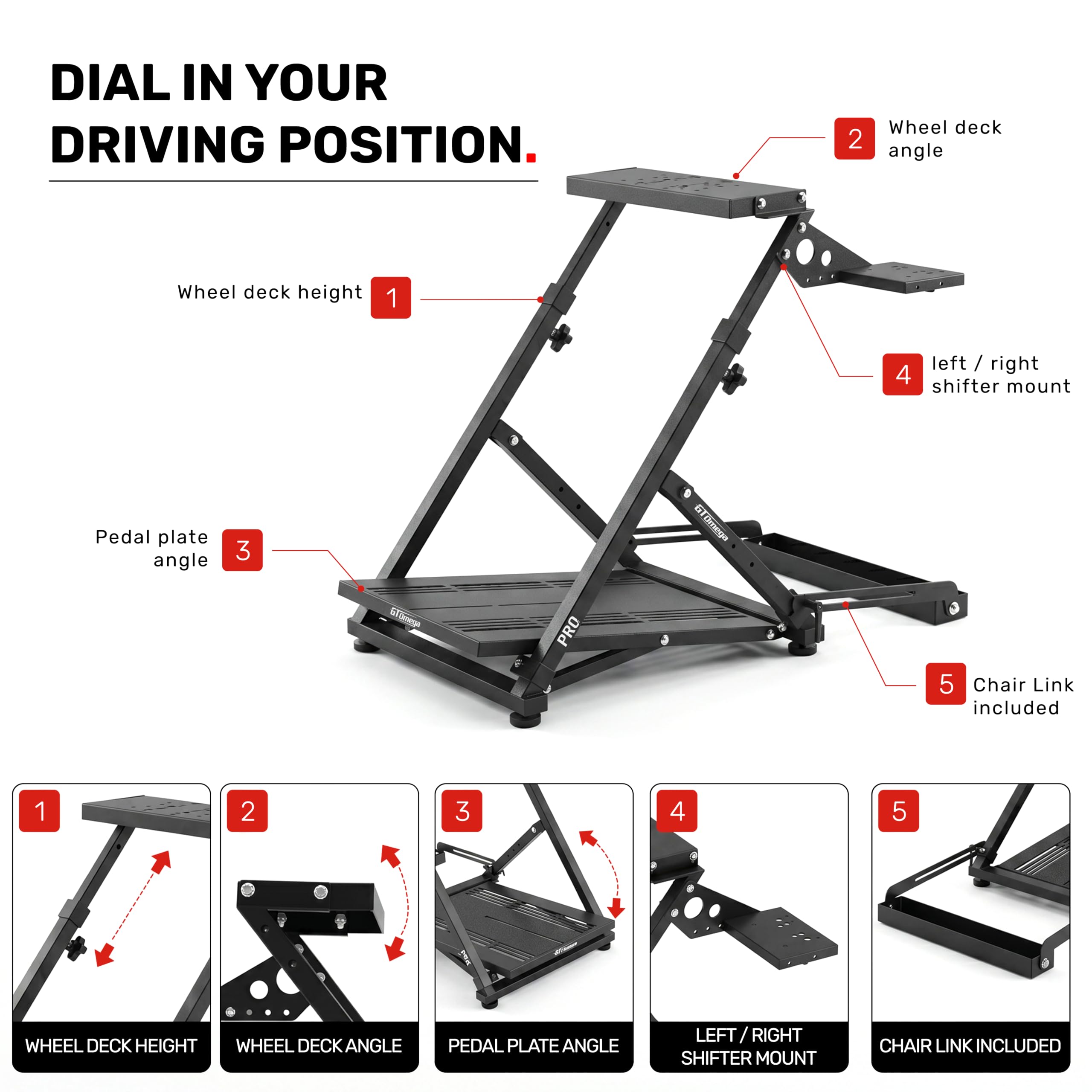GT Omega PRO Wheel Stand – Robuster Y-Rahmen mit verstärktem Pedalplatte, inkl. Schalthebel-Halterung & Chair Link, leicht faltbar und platzsparend