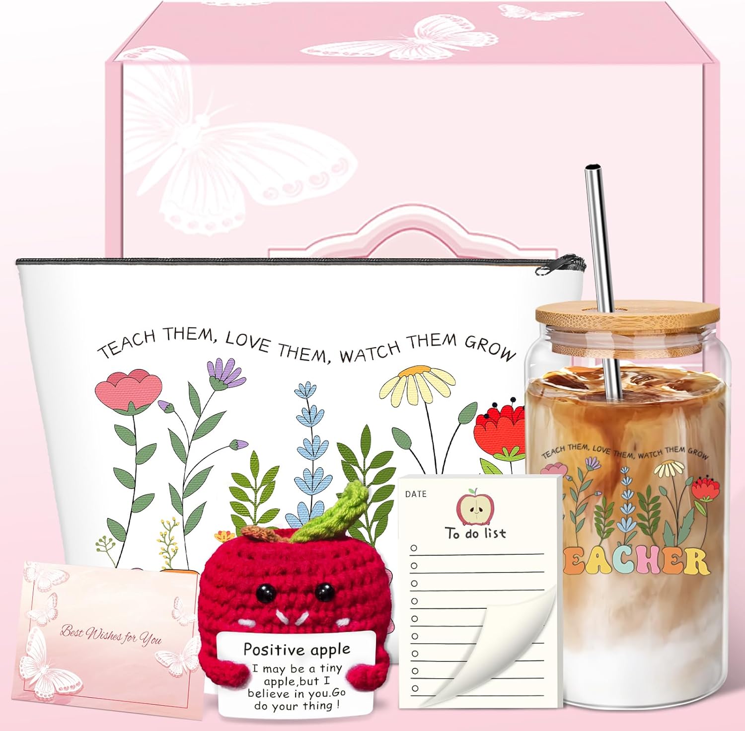 Teacher Gifts for Women, Teacher Must Haves with 16 Oz Glass Cup with Lid, Makeup Bag, Sticky Notes, Birthday Gifts for Women, Coworkers, Thank you gift for Teacher's Day, Thanksgiving, Christmas