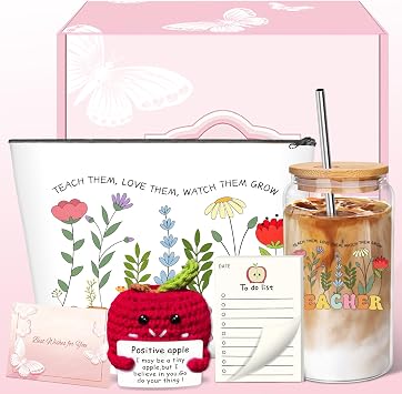 Teacher Gifts for Women, Teacher Must Haves with 16 Oz Glass Cup with Lid, Makeup Bag, Sticky Notes, Birthday Gifts for Women, Coworkers, Thank you gift for Teachers Day, Thanksgiving, Christmas