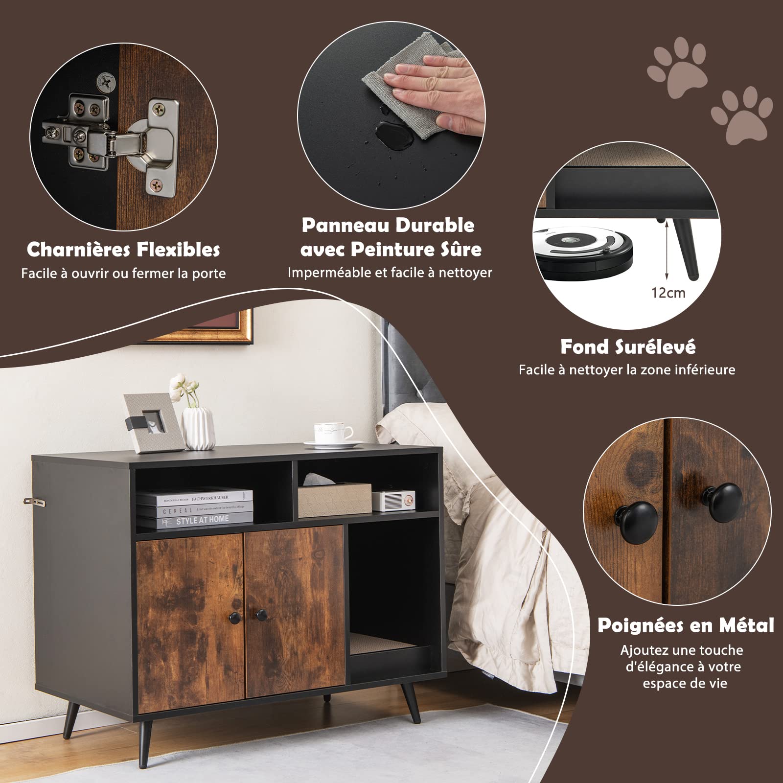 COSTWAY Meuble Litière Chat avec Griffoir Industriel, Maison de Toilette Chat Anti-basculement 2 Étagères de Rangement, Pieds Métalliques Inclinées, 90x50x70cm